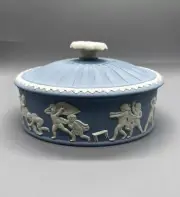 Vintage Wedgwood Blue Jasperware Oval Vanity Trinket Box With Lid