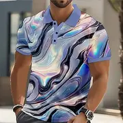 Men's Abstract Geometic Polo Short Sleeve Polo Shirts Collared Shirts Casual Street Athleisure 3D Print Buttons Summer Blue