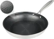Stainless Steel Nonstick Frying Pan, Hybrid Ceramic 12-Inch Frying Pans, Stay-Cool Handle, PFAS & PFOA PTFE Free, Dishwasher & Oven Safe, Scratch-Resistant, Compatible with Induction & All Cooktops