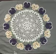 Large Pansy Round Crochet Table Runner/Doily-White, Purple, Yellow & Green-28"