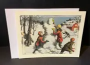 Old Fashioned Christmas Card UNUSED Children Playing Snow Building Snowmen EPVA