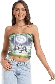 [RPLIFE] Cute Cats Flowers Tube Tops for Women, Trendy Crop Tops, Mesh Tube Tops, Womens Summer Clothes (S)