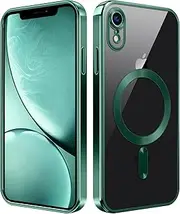 DOMAVER iPhone XR Case Clear Magnetic, Compatible with MagSafe, Shockproof Anti-Yellowing Anti-Scratching Case for iPhone XR, Simple Plating iPhone XR Case, Clear/Green