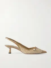 [Jimmy Choo] Jimmy Choo - Amita 45 Faux Pearl-embellished Leather-trimmed Raffia Slingback Pumps - Light brown - IT39 IT 39 Brown