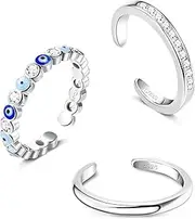 [Sllaiss] Evil Eye Toe Rings for Women 3 Pcs 925 Sterling Silver Toe Rings Set Cubic Zirconia Toe Rings Adjustable Open Toe Rings Summer Foot Jewellery