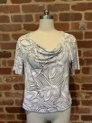 Equus Ladies 10 White Taupe top tunic blouse gathered Leaf print Stretchy