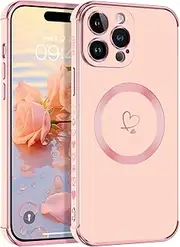 [GUAGUA] for iPhone 14 Pro Max Case Magnetic, [Compatiable with Magsafe] Cute Heart Pattern Lovely, Soft TPU Gold Plating Cover Women Girl Drop Protection & 4 Corners Shockproof Phone Cover, Pink
