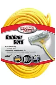 100-Ft. 12/3 SJTW-A Yellow 3-Outlet Extension Cord Heavy Duty Outdoor