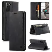 AutSpace For Samsung Galaxy S21 FE Case RFID Blocking Retro Flip Premium Leather Card Holder Wallet Cover - Black
