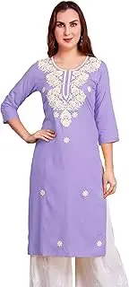 [ladyline] Womens Plain Rayon Slub Chikankari Tunic Top Kurti Embroidered Knee Length Kurta