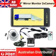 9" Mirror Monitor 4PIN 2x Reversing Camera Spring line For Trailer Caravan Truck