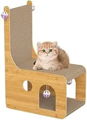 2 Tiers Cat Scratching Bed with Balls, Durable Cardboard Cat Scratcher, Modern Cat Scratching Post, Space-Saving Furniture Protector for Living Room, Bedroom & Office