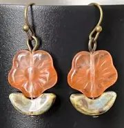 Bronze, Green & Carved Peach Flower Dangle Earrings. Bloom.