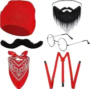 Yi-gog Halloween Men's Costume Kit Bandana Y Back Style Suspenders Red Beanie Cap Wizard Glasses Facial Beard Mustaches for Party Dress