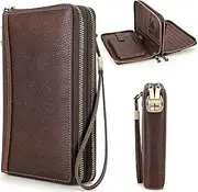[CataPurus] Top Grain Genuine Leather Zipper Clutch Wristlet Wallet for Man & Woman, Handmade, Multi Slots & Pockets & Combination Lock, RFID Large Capacity for Cards/Checks/Passports/Phone/Pen/AirTag, Red Coffee