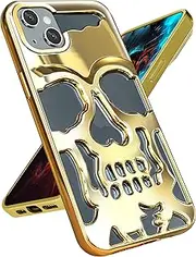 Lotadilo for iPhone 15 Case Skull, Unique Designer Cool Funny Gothic Plated Hollowed Skeleton Shockproof Halloween for iPhone 15 Phone Cases for Men Women Girls Boys, Golden