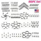 80Pcs Surgical Stainless Steel Body Piercing Ring Tongue Nipple Nose Ear Waist