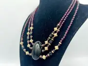 Vintage 3 Strands Garnet Gemstone Gold Black Collar Necklace NOS Saks Fifth Ave