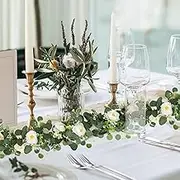 2 Pack 13Ft Artificial Eucalyptus Flower Garland with White Roses, Fake Rose Flower Greenery Garland Floral Vines for Wedding Arch Home Party Room Table Runner Decor (White)