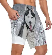 [ZZXXB] Husky Dog Winter Floral Athletic Shorts for Men with Pockets 2 in 1 Quick Dry Running Shorts S-3XL