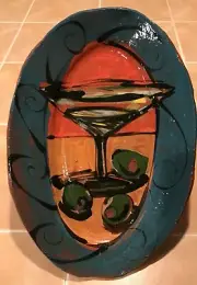 TERRA COTTA hand painted plate, glazed, Martini glass, olives