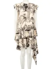 Beige Silk Eve Printed Ruffle Accent Dress