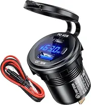 45 W PD USB Socket 12 V Waterproof QC 3.0 12 Volt Metal USB Installation Socket with Switch, LED Voltmeter for Motorcycle, Caravan, Boat, Truck, MacBook, iPhone, Samsung