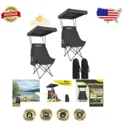Black Outdoor Folding Chair with Adjustable Sunshade - Ideal for Camping & Beach