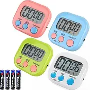 4 Pack Digital Kitchen Timer(Battery Included),Magnetic Digital Timers Loud Alarm Kitchen Timers for Cooking,Minute Second Count Up Countdown (White&Black&Blue&Green)