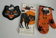 Halloween Kitchen Towel, Oven Mitt and Potholder featuring Black Cats