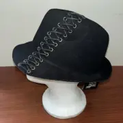 NWT MAGID Trilby Hat Robin Hood Black Felt Cross Stitching Eyelets Satin Lining