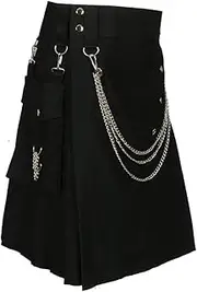 [Scottish Designer] Scottish Black Fashion Utility Kilt With Silver Chains