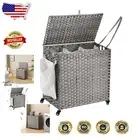 Stylish 3-Section Laundry Sorter with Wheels & Mesh Bags, Grey Rattan Design