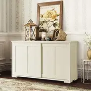 Costway Buffet Table Sideboard Cabinet, Home Storage Cupboard with 2 Sliding Doors & Height Adjustable Shelf, Hallway Side Cabinet Table for Kitchen, Entryway & Bedroom, Creamy White
