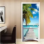 Door Stickers DIY Self Adhesive Door Sticker Mural 3D Balcony Sea View Wall Decals Living Room Door Decoration Wall Paper(95x215cm)