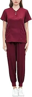 [ａ aternee] Nursing Scrub Set Nurse Workwear with Multi Pockets Professional V Neck and Joggers Pants Nurse Uniform for Healthcare