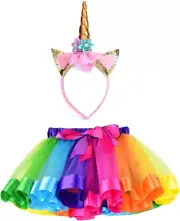 Girls Layered Rainbow Tutu Skirt with Unicorn Horn Headband Outfits for Birthday