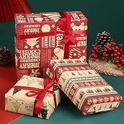 5 folded Christmas wrapping paper red green brown traditional gift packaging, 19.7 x 27.5 inches, loose Christmas holiday design, Christmas tree, snowflakes, balloons, candy sticks, reindeer gift decoration, suitable for women, men, and children(Style B)