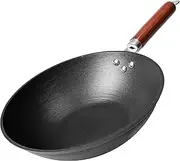 21st & Main Wok, Stir Fry Pan, Wooden Handle, 11 Inch, Lightweight Cast Iron, chef’s pan, pre-seasoned nonstick, for Chinese Japanese and other cooking
