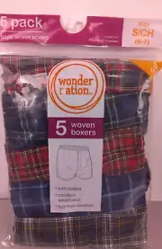 Wonder Nation Boys 5 Plaid Woven Boxers Size S(6-7) - New. (62.1)