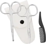 FOYTOKI 4pcs Stainless Steel Beard and Scissors Set Precision Trimming Kit with Pointed Round Scissors White Leather Case Small Comb for Grooming Barber Shops