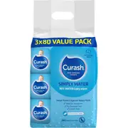 3 x 80 Value Pack Curash Simply Water Baby Wipes - Ideal for Newborns - pH Balanced - Thick and Soft Design - Soap Alcohol Paraben & Irritant Free - Wet Wipes - Baby Essentials 240 wipes