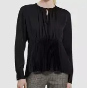 $345 Theory Womens Black Satin Pleated Peplum Hem Top Size Small