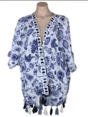 BETTINA LIANO Women`s Tassel Kimono, Size L/XL, 100% Viscose, Indi Ink