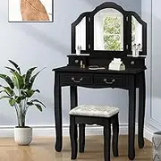 ALFORDSON Dressing Table and Stool Chair Set Black Color, Makeup Vanity Desk with Foldable Tri-fold Mirror, Dresser Organiser for Women Bedroom Dress Room