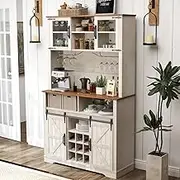 Farmhouse Pantry Cabinet with Charging Station, 70" Tall Kitchen Cabinet with Sliding Barn Door, Coffee Bar Cabinet with Storage Glass Rack & RGB Lighting, White