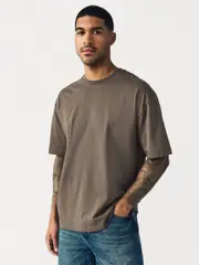 Neutral Brown Relaxed Fit Essential Crew Neck Cotton T-Shirt (AT4024) | $15