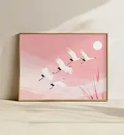 Horizontal Wall Art Crane Japandi Print Pink Elegant Bedroom Gallery Wall Art Vintage Japanese Style Art 07