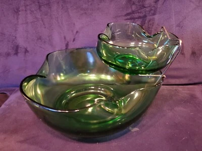 VTG Anchor Hocking RETRO GREEN Pinched Glass Chip & Dip BOWL Set Mid Century NOS