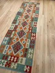 Colorful Style Wool HandMade Kilim Area Rug 2.9x9.6 RUNNER
